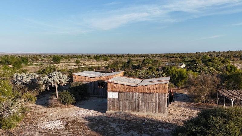 Les deux bâtiments en bois du centre d'alphabétisation au milieu de la brousse